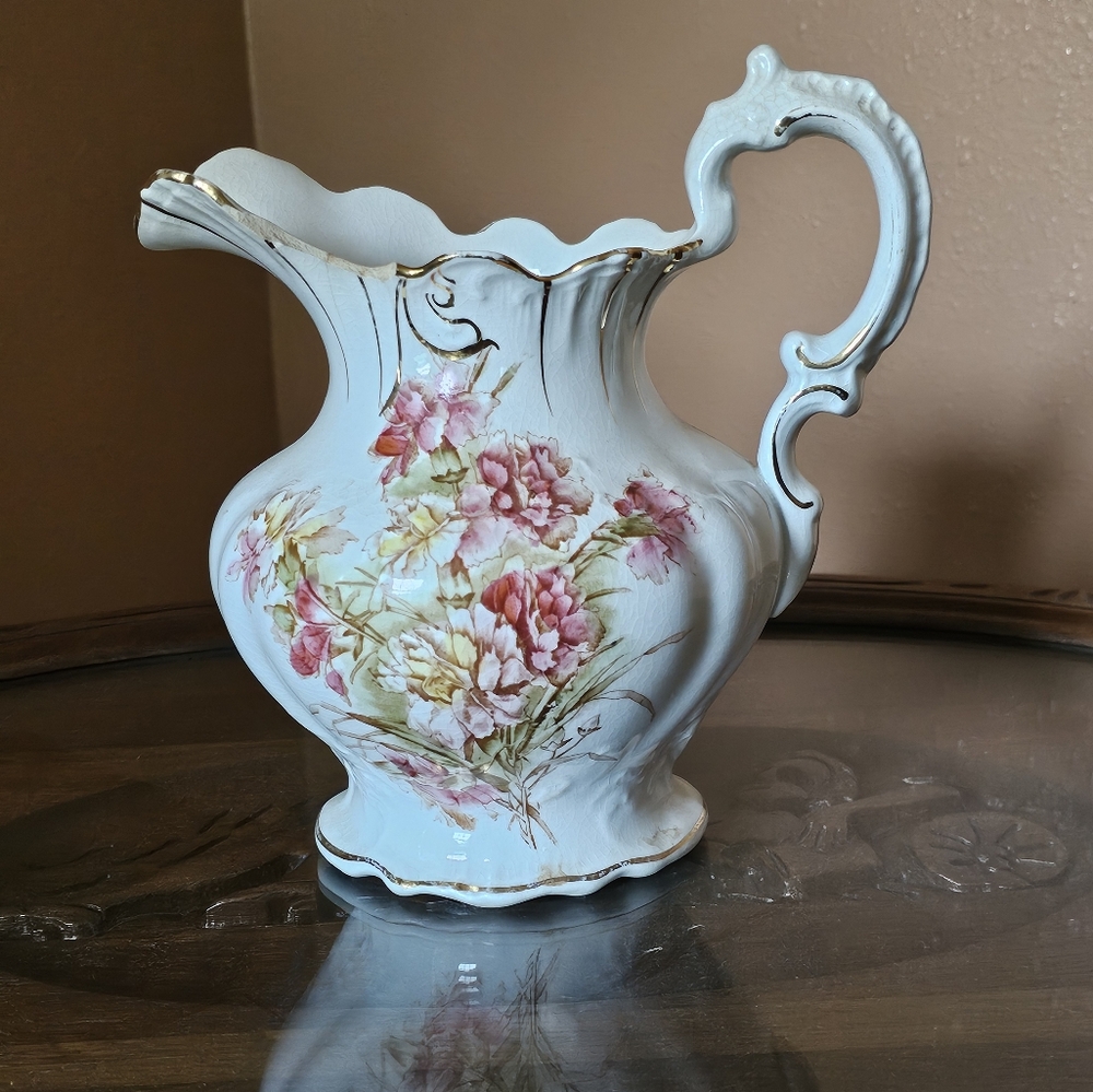 Vintage Homer Laughlin Floral Ceramic Pitcher with Gold Accents